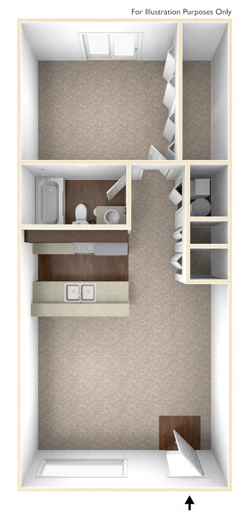 Floor plan for 1 bed, 1 bath, 605 sqft